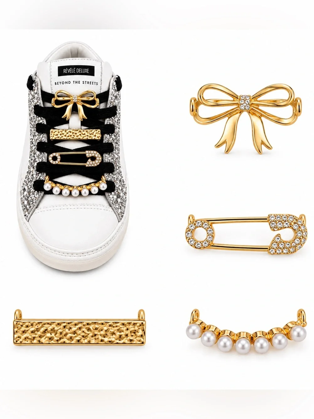 NEW - Be Charming 4PC Gold Shoe Charms Bow Safety Pin Pearls Rhinestones